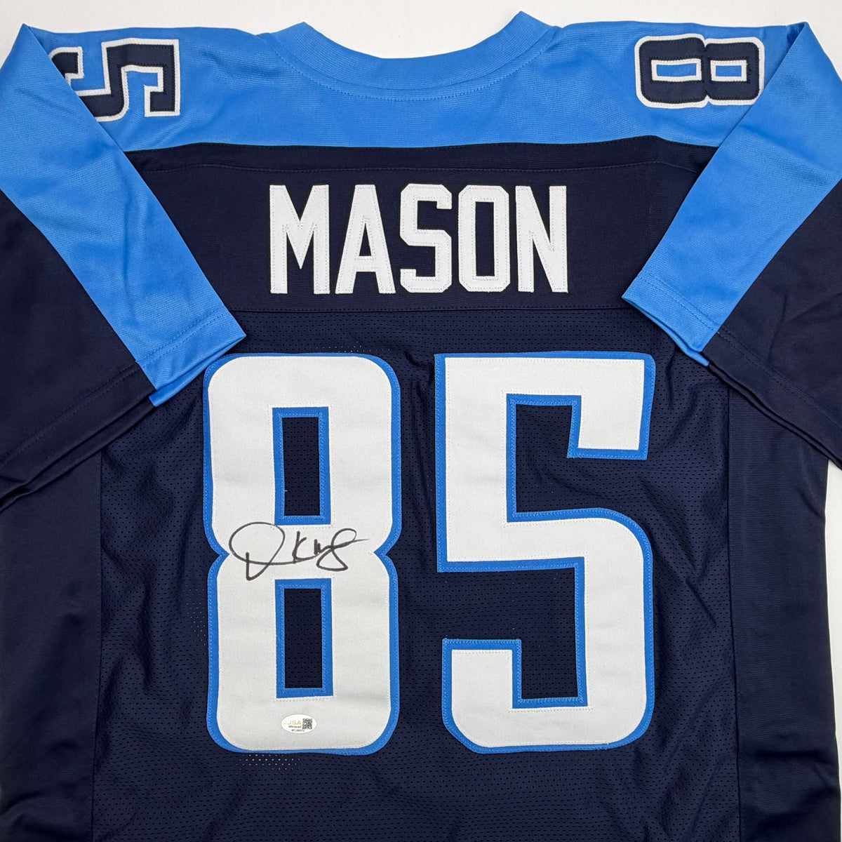 Autographed/Signed Derrick Mason Tennessee Navy Blue Football Jersey JSA COA