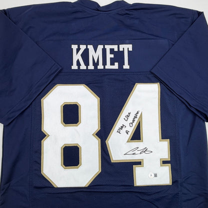 Autographed/Signed Cole Kmet Notre Dame Blue College Football Jersey Beckett BAS COA
