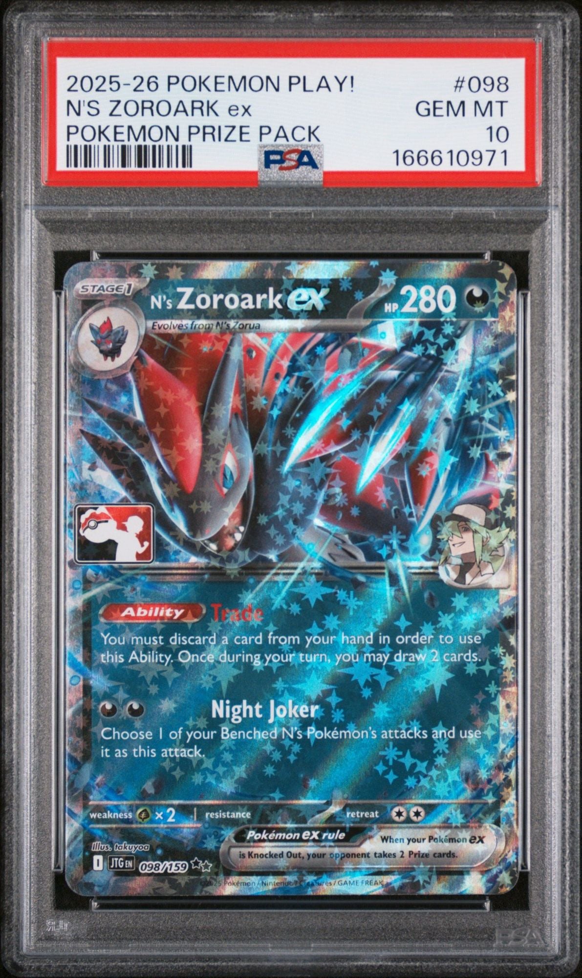 Graded 2025-26 Pokemon Play! EN Journey Together N's Zoroark Ex #098 Prize Pack Trading Card Game PSA 10 Gem Mint