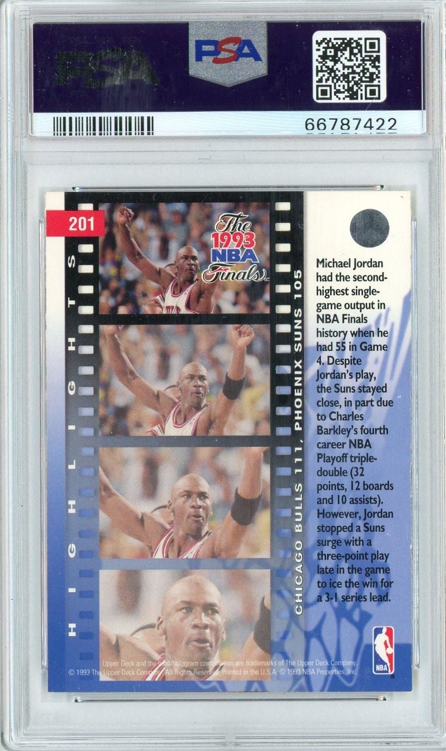 Graded 1993 Upper Deck Michael Jordan #201 NBA Finals Basketball Card PSA 9 Mint