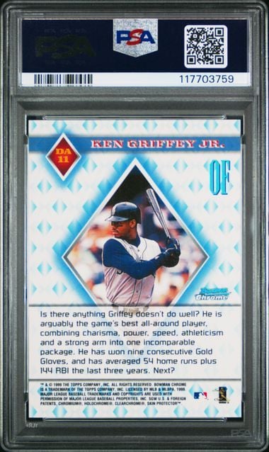Graded 1999 Bowman Chrome Ken Griffey Jr. #DA11 Diamond Aces Baseball Card PSA 8 NM-MT