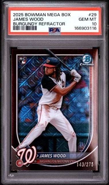 Graded 2025 Bowman Mega Box James Wood #29 Burgundy Refractor /275 Rookie RC Baseball Card PSA 10 Gem Mint