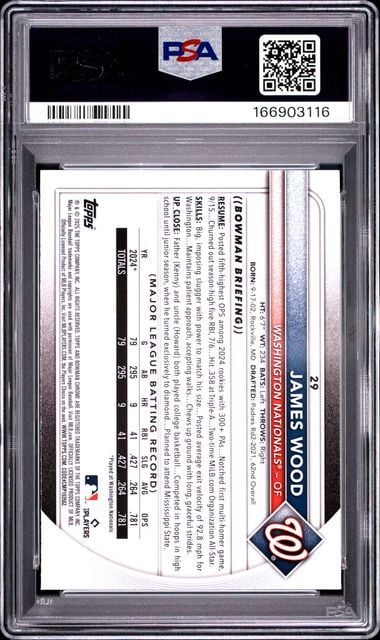 Graded 2025 Bowman Mega Box James Wood #29 Burgundy Refractor /275 Rookie RC Baseball Card PSA 10 Gem Mint