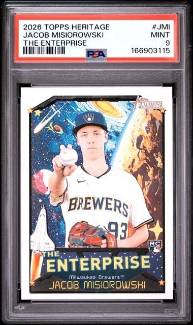 Graded 2026 Topps Heritage Jacob Misiorowski #JMI The Enterprise Rookie RC Baseball Card PSA 9 Mint
