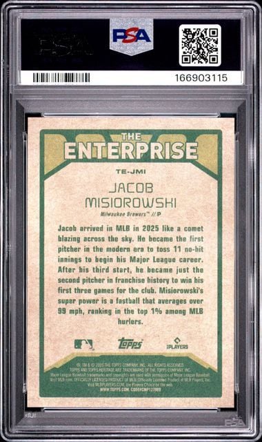 Graded 2026 Topps Heritage Jacob Misiorowski #JMI The Enterprise Rookie RC Baseball Card PSA 9 Mint