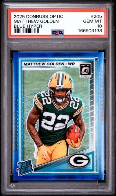 Graded 2025 Panini Donruss Optic Matthew Golden #205 Blue Hyper Rookie RC Football Card PSA 10 Gem Mint