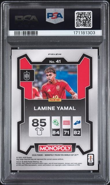 Graded 2026 Panini Prizm Monopoly World Cup Lamine Yamal #41 Red Prizm Soccer Card PSA 9 Mint
