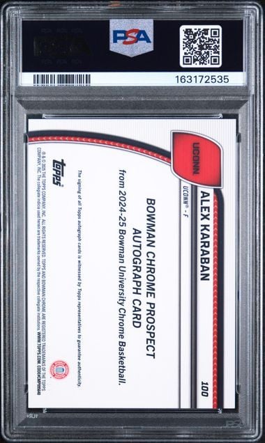 Graded 2024 Topps Bowman Chrome U Alex Karaban #100 Black Gold Stealth Autograph Rookie RC Basketball Card PSA 7 Auto 9 Mint