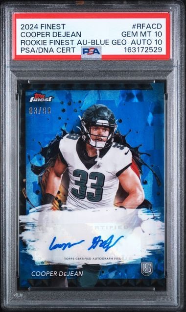 Graded 2024 Topps Finest Cooper DeJean #RFACD Blue Geometric /99 Auto Rookie RC Football Card PSA 10 Auto 10 Gem Mint