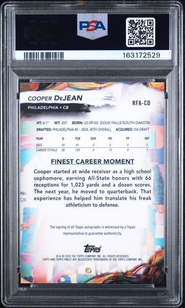 Graded 2024 Topps Finest Cooper DeJean #RFACD Blue Geometric /99 Auto Rookie RC Football Card PSA 10 Auto 10 Gem Mint