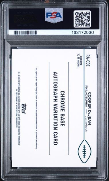 Graded 2024 Topps Chrome Cooper DeJean #RACDE Gold Geometric 50/50 Auto Rookie RC Football Card PSA 9 Auto 10 Gem Mint