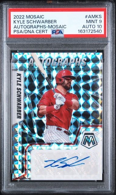 Graded 2022 Panini Mosaic Kyle Schwarber #AMKS Mosaic Autographs Baseball Card PSA 10 Auto Gem Mint