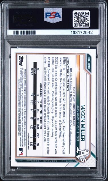 Graded 2021 Bowman Chrome Mason Miller #CDAMMIL 1st Bowman Auto Rookie RC Baseball Card PSA 10/10 Gem Mint