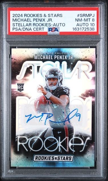 Graded 2024 Panini Rookies & Stars Michael Penix Jr #SRMPJ Stellar Rookies Auto /99 Rookie RC Football Card PSA 10 Auto Gem Mint