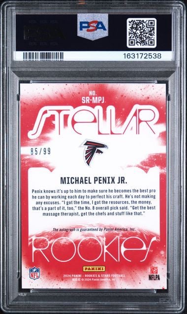 Graded 2024 Panini Rookies & Stars Michael Penix Jr #SRMPJ Stellar Rookies Auto /99 Rookie RC Football Card PSA 10 Auto Gem Mint