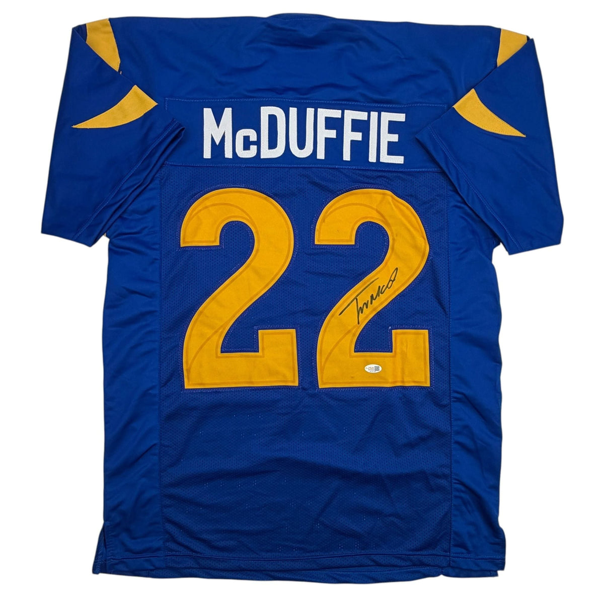 Autographed/Signed Trent McDuffie Los Angeles LA Blue Current Football Jersey JSA COA