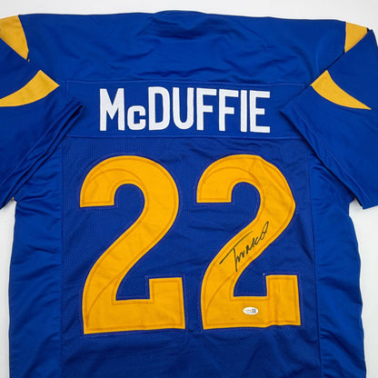 Autographed/Signed Trent McDuffie Los Angeles LA Blue Current Football Jersey JSA COA