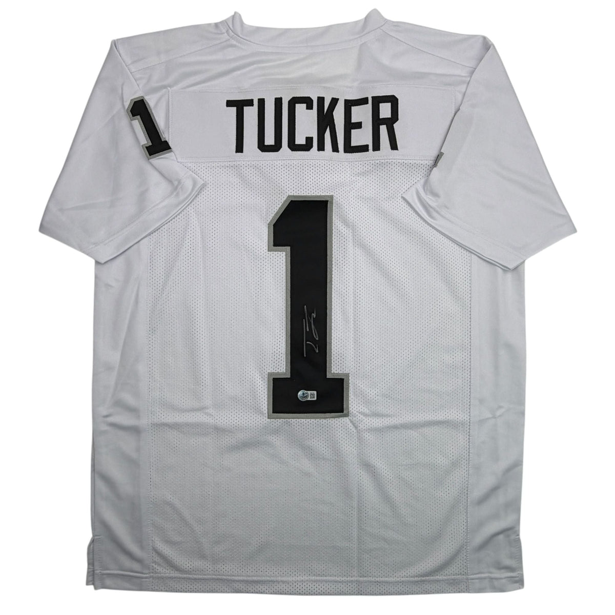 Autographed/Signed Tre Tucker Oakland Las Vegas White Football Jersey Beckett BAS COA
