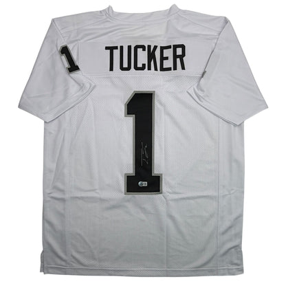 Autographed/Signed Tre Tucker Oakland Las Vegas White Football Jersey Beckett BAS COA