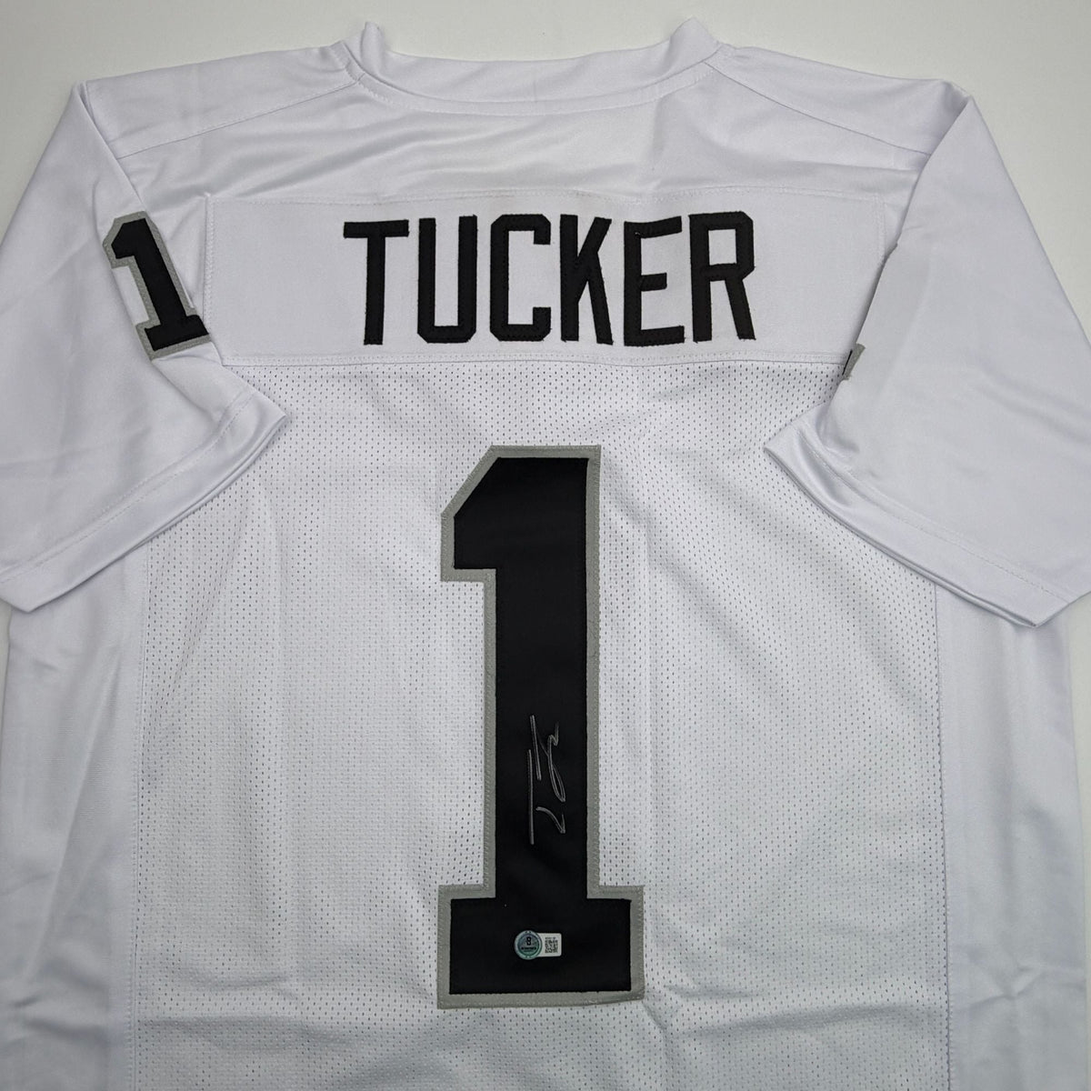 Autographed/Signed Tre Tucker Oakland Las Vegas White Football Jersey Beckett BAS COA