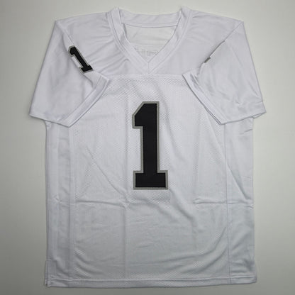 Autographed/Signed Tre Tucker Oakland Las Vegas White Football Jersey Beckett BAS COA