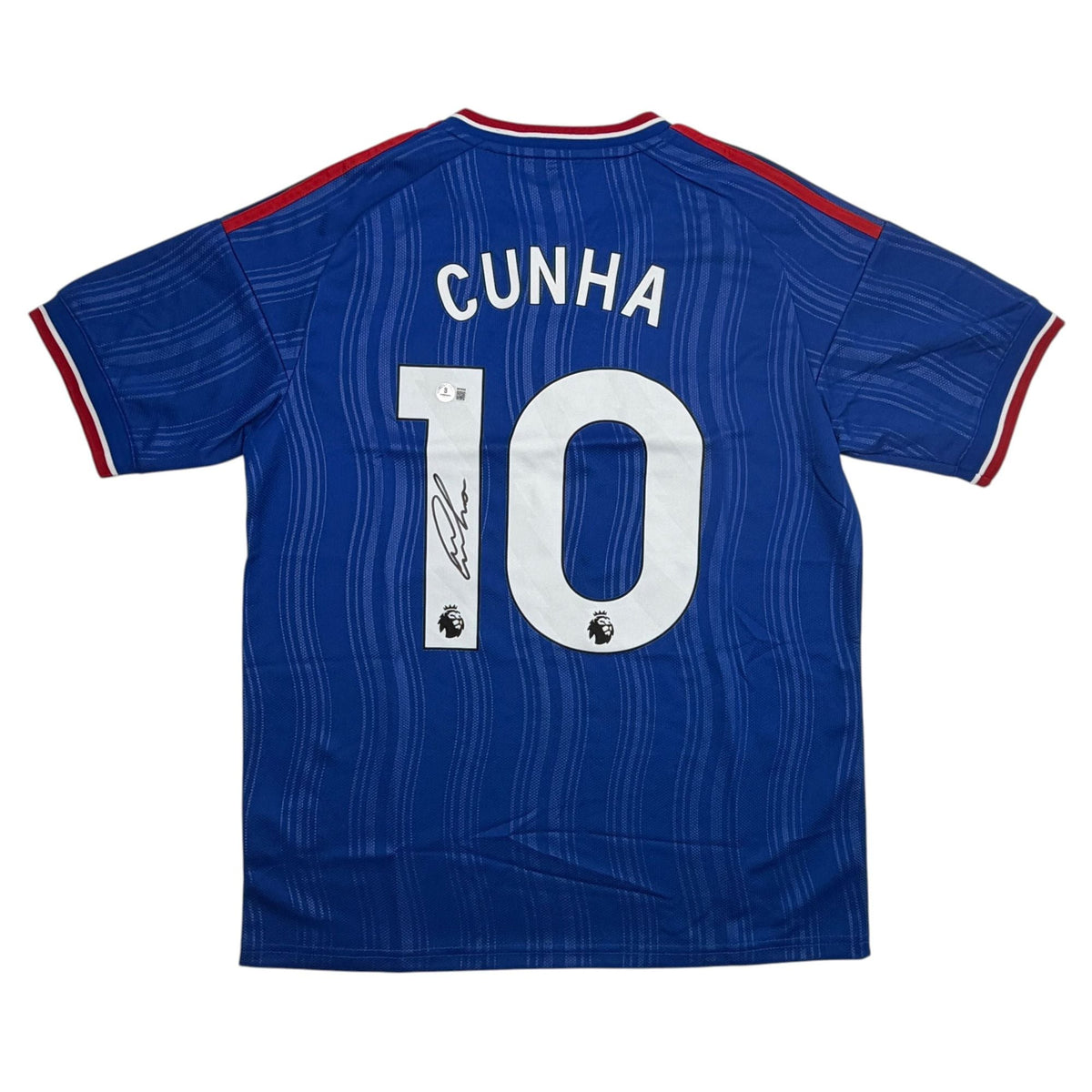 Autographed/Signed Matheus Cunha Manchester United Blue Soccer Futbol Jersey Beckett BAS COA