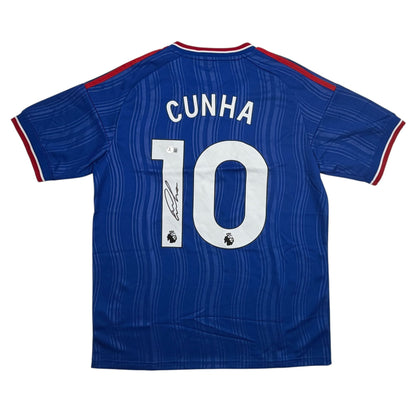 Autographed/Signed Matheus Cunha Manchester United Blue Soccer Futbol Jersey Beckett BAS COA