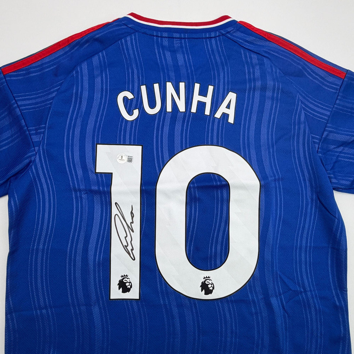 Autographed/Signed Matheus Cunha Manchester United Blue Soccer Futbol Jersey Beckett BAS COA