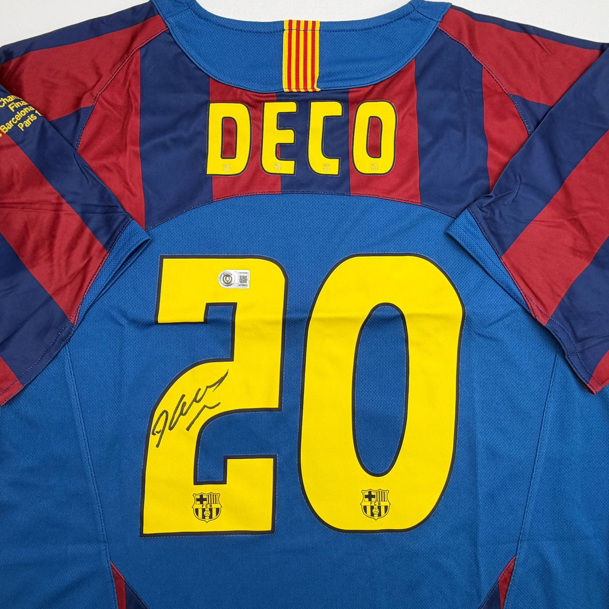 Autographed/Signed Deco FC Barcelona Red/Blue Soccer Jersey Beckett BAS COA