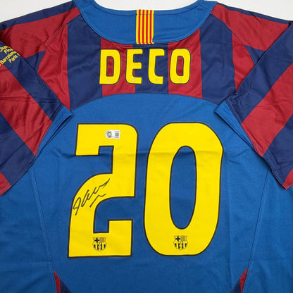 Autographed/Signed Deco FC Barcelona Red/Blue Soccer Jersey Beckett BAS COA
