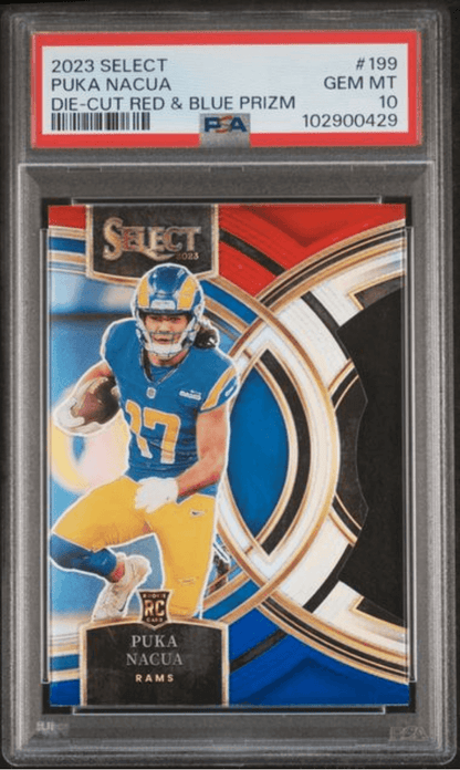 Graded 2023 Panini Select Puka Nacua #199 Die Cut Red & Blue Prizm Rookie RC Football Card PSA 10 Gem Mint