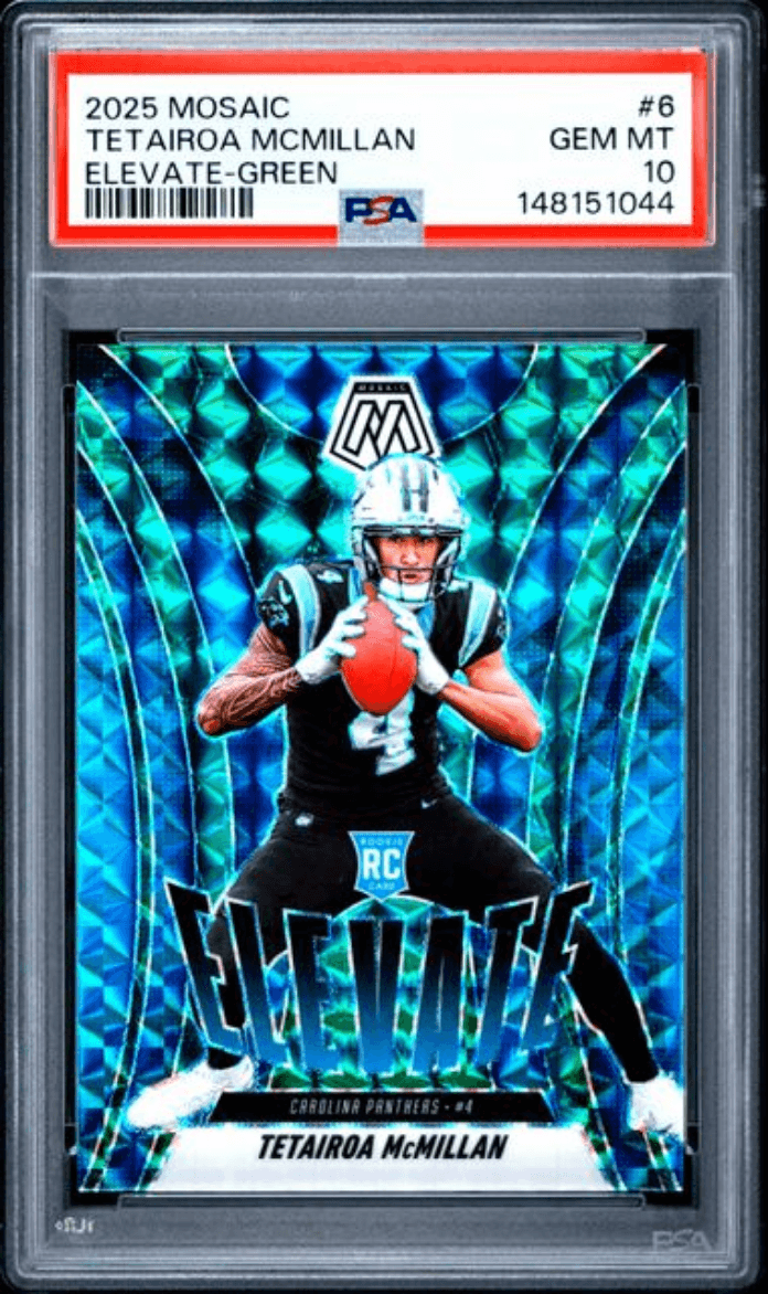 Graded 2025 Panini Mosaic Tetairoa McMillan #6 Elevate Green Rookie RC Football Card PSA 10 Gem Mint