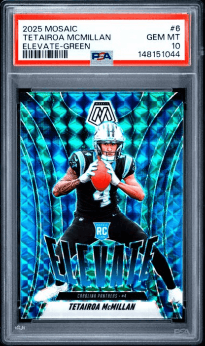 Graded 2025 Panini Mosaic Tetairoa McMillan #6 Elevate Green Rookie RC Football Card PSA 10 Gem Mint