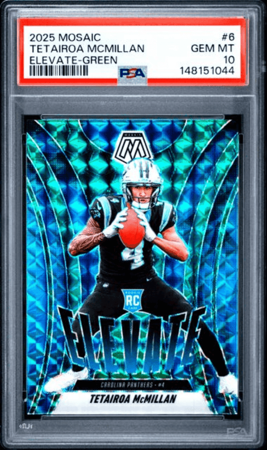 Graded 2025 Panini Mosaic Tetairoa McMillan #6 Elevate Green Rookie RC Football Card PSA 10 Gem Mint