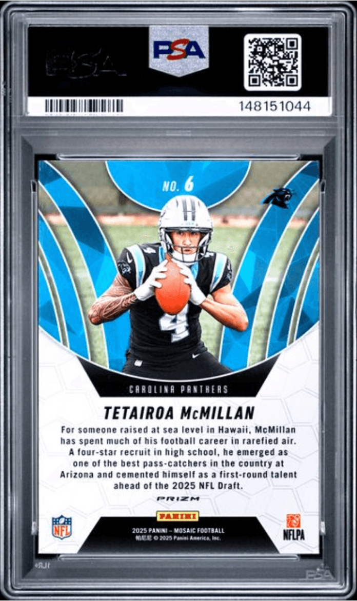 Graded 2025 Panini Mosaic Tetairoa McMillan #6 Elevate Green Rookie RC Football Card PSA 10 Gem Mint