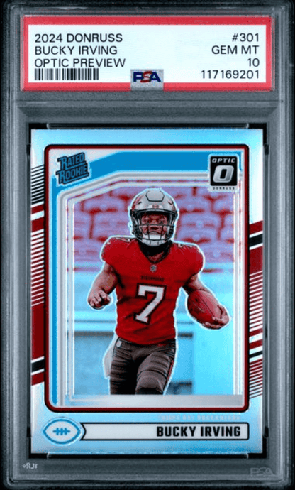 Graded 2024 Panini Donruss Bucky Irving #301 Optic Preview Rookie RC Football Card PSA 10 Gem Mint