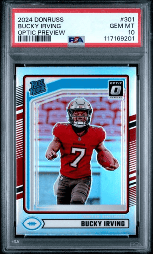Graded 2024 Panini Donruss Bucky Irving #301 Optic Preview Rookie RC Football Card PSA 10 Gem Mint