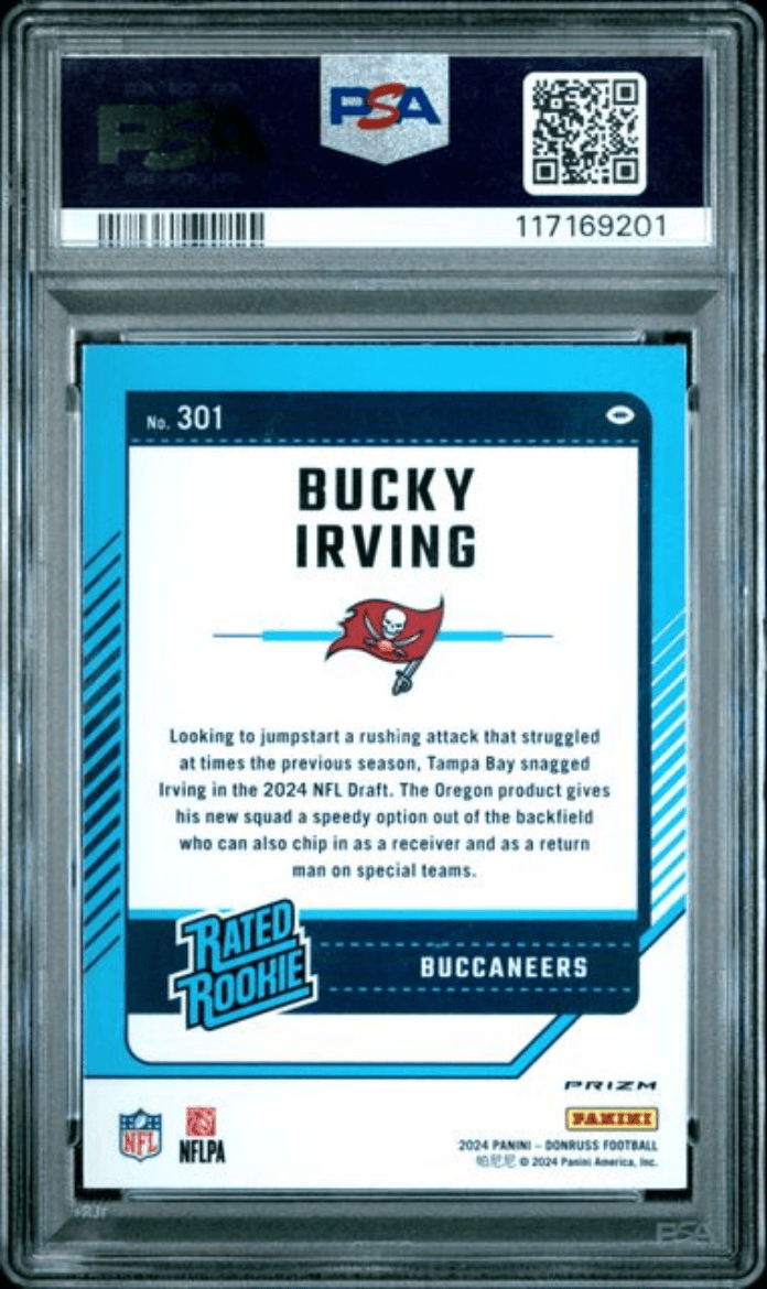 Graded 2024 Panini Donruss Bucky Irving #301 Optic Preview Rookie RC Football Card PSA 10 Gem Mint