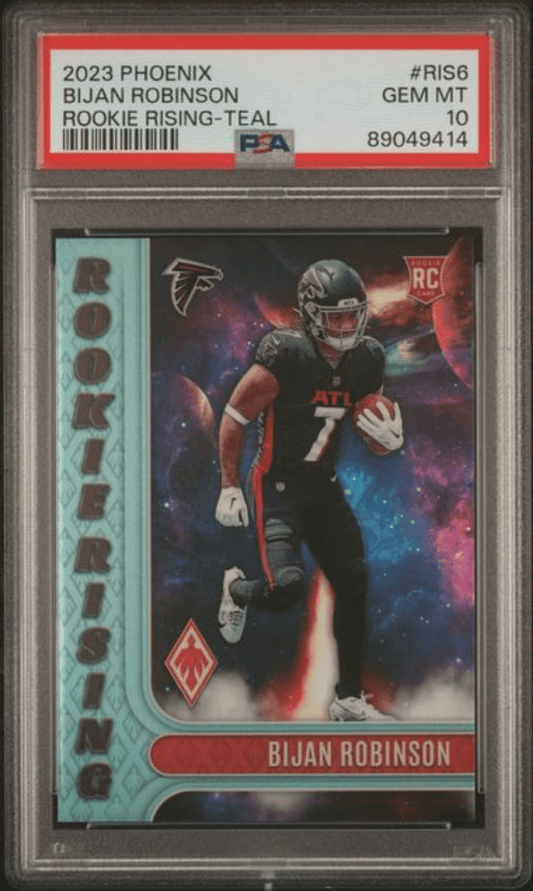 Graded 2023 Panini Phoenix Bijan Robinson #RIS6 Rookie Rising Teal /150 Rookie RC Football Card PSA 10 Gem Mint