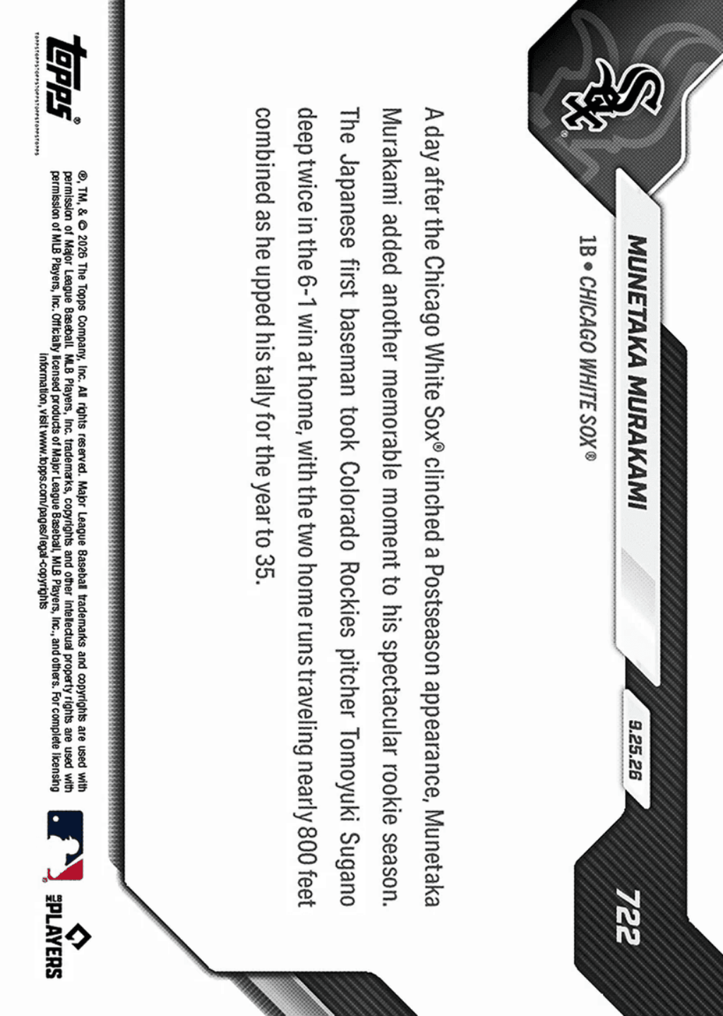 2026 Topps Now Munetaka Murakami #722 Gold Foil /50 Two HRs Help Continue White Sox Celebrations Chicago White Sox Rookie RC Baseball Card
