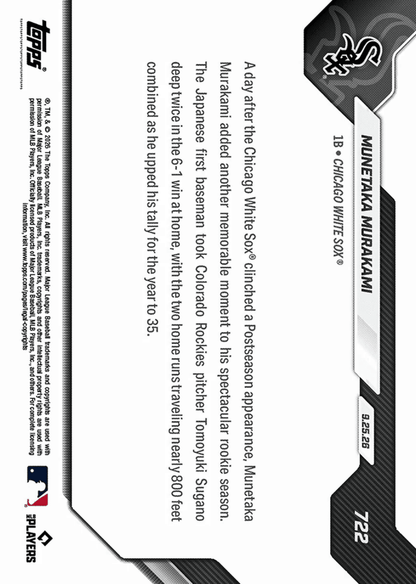 2026 Topps Now Munetaka Murakami #722 Gold Foil /50 Two HRs Help Continue White Sox Celebrations Chicago White Sox Rookie RC Baseball Card