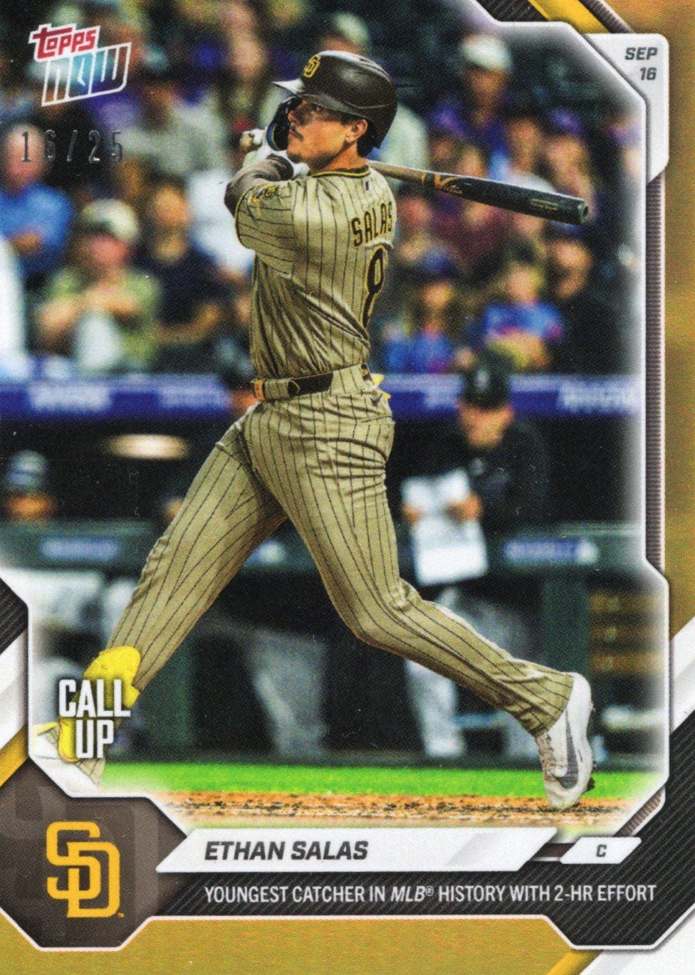 2026 Topps Now Ethan Salas #684 Orange Foil /25 Youngest Catcher in MLB History with 2 HR Effort San Diego Padres Rookie RC Baseball Card