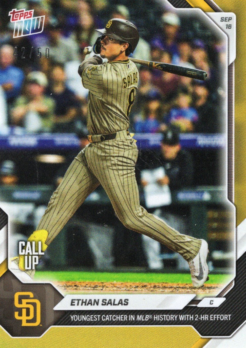 2026 Topps Now Ethan Salas #684 Gold Foil /50 Youngest Catcher in MLB History with 2 HR Effort San Diego Padres Rookie RC Baseball Card
