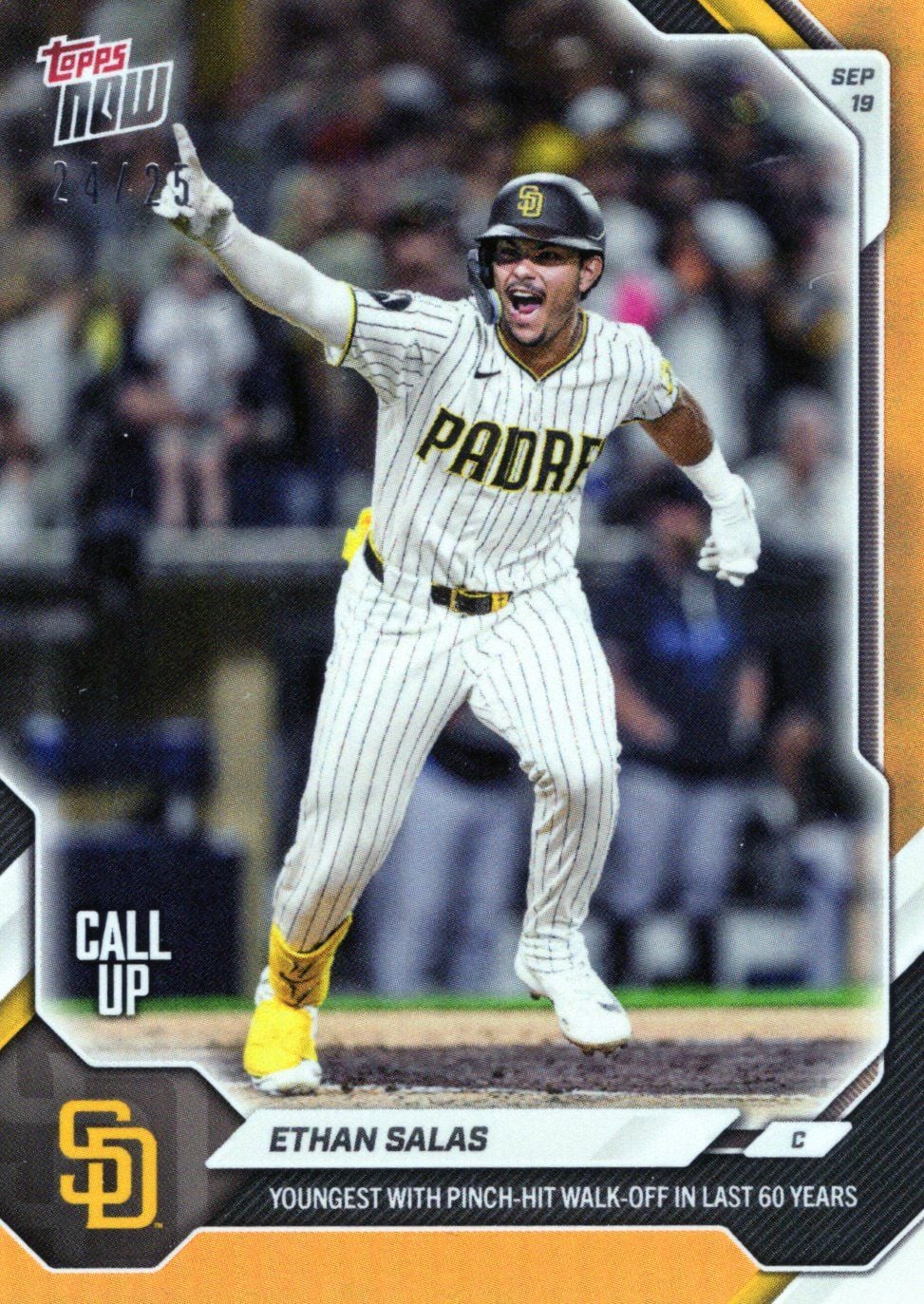 2026 Topps Now Ethan Salas #695 Orange Foil /25 Youngest with Pinch Hit Walk Off in Last 60 Years San Diego Padres Rookie RC Baseball Card
