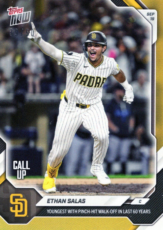 2026 Topps Now Ethan Salas #695 Gold Foil /50 Youngest with Pinch Hit Walk Off in Last 60 Years San Diego Padres Rookie RC Baseball Card