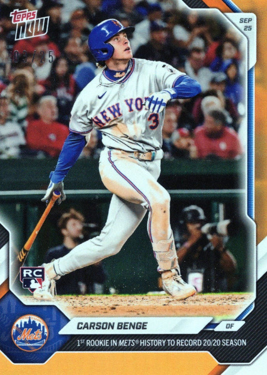 2026 Topps Now Carson Benge #725 Orange Foil /25 1st Rookie in Mets History to Record 20/20 Season New York Mets Rookie RC Baseball Card