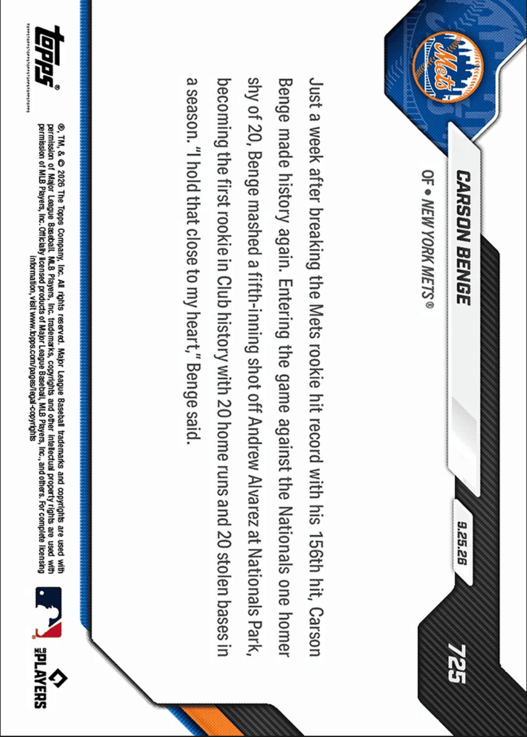 2026 Topps Now Carson Benge #725 Orange Foil /25 1st Rookie in Mets History to Record 20/20 Season New York Mets Rookie RC Baseball Card