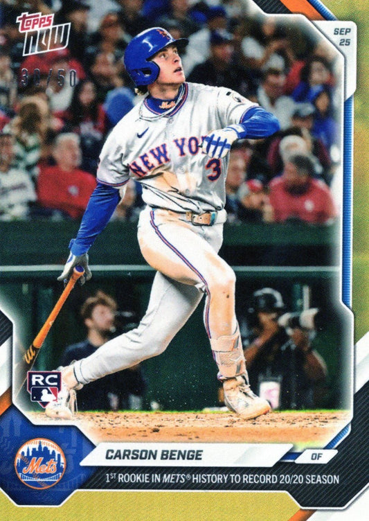 2026 Topps Now Carson Benge #725 Gold Foil /50 1st Rookie in Mets History to Record 20/20 Season New York Mets Rookie RC Baseball Card