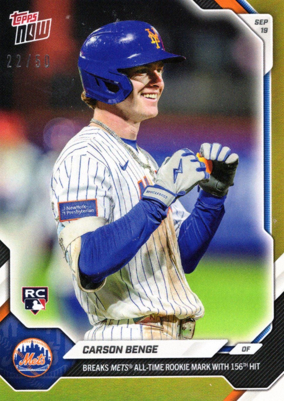 2026 Topps Now Carson Benge #693 Gold Foil /50 Breaks Mets All Time Rookie Mark with 156th Hit New York Mets Rookie RC Baseball Card