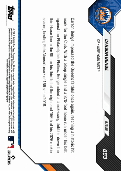 2026 Topps Now Carson Benge #693 Gold Foil /50 Breaks Mets All Time Rookie Mark with 156th Hit New York Mets Rookie RC Baseball Card